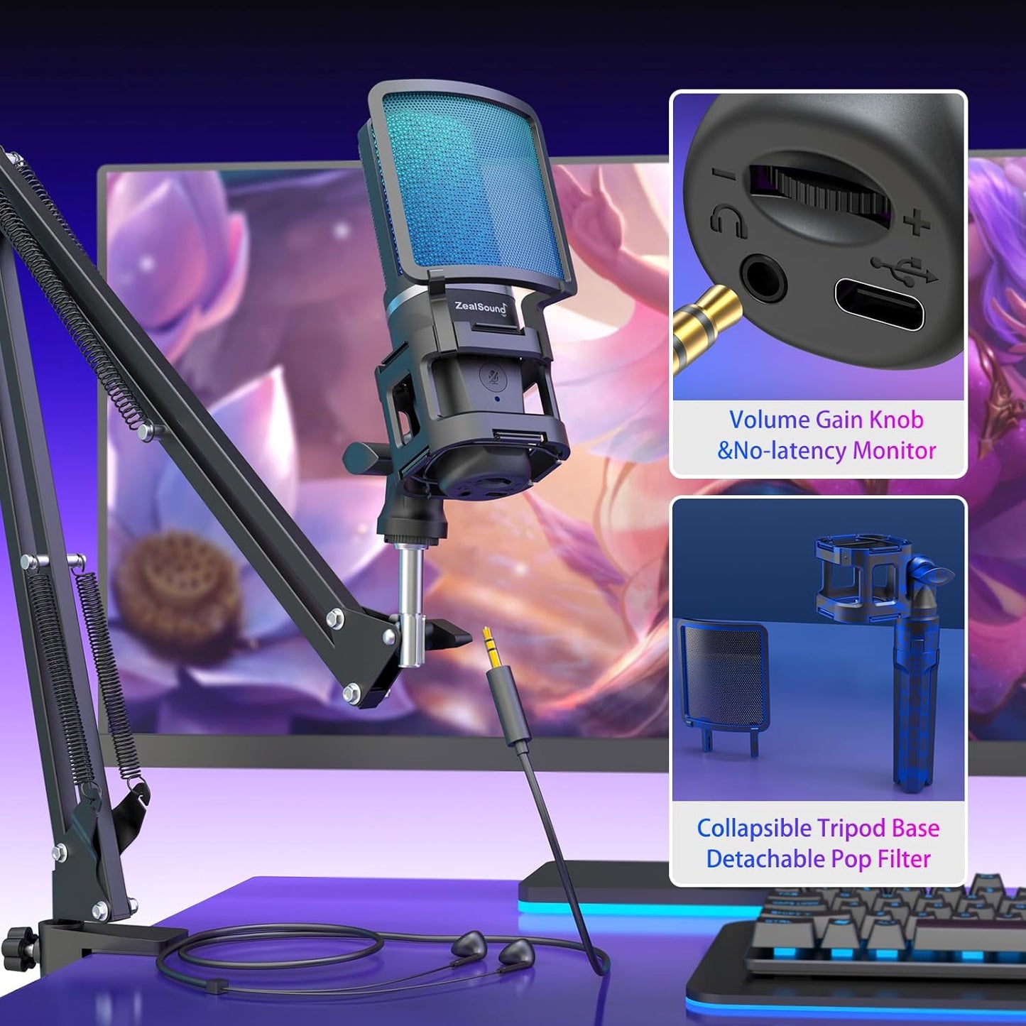 Gaming Microphone, USB Mic for PC with Noise Cancellation, RGB, Mute, Gain Control, Zero-Latency Monitoring, Boom Arm, Tripod Stand & Pop Filter, for Mac, Iphone, Streaming, Twitch, Youtube