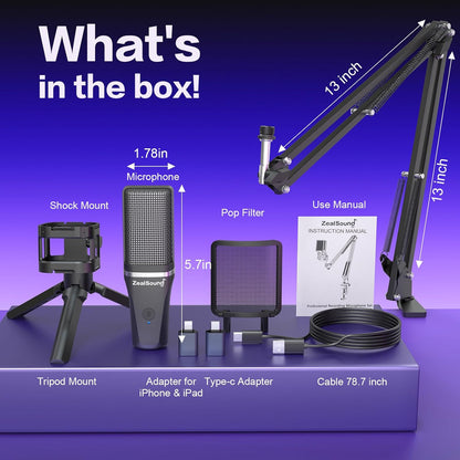 Gaming Microphone, USB Mic for PC with Noise Cancellation, RGB, Mute, Gain Control, Zero-Latency Monitoring, Boom Arm, Tripod Stand & Pop Filter, for Mac, Iphone, Streaming, Twitch, Youtube